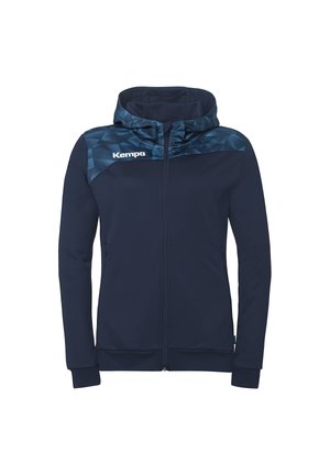Marineblå hættetrøje med lynlås, med mønstret øverste del af brystet og skuldrene, med det hvide "Kempa" logo på venstre bryst.