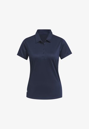 Pólo azul-marinho feito de tecido suave, apresentando colarinho, mangas curtas e uma aba com três Botões. Design limpo, sem padrões.