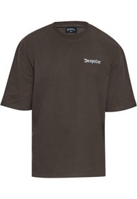 Brun bomulls t-skjorte med korte ermer, løs passform, og hvit tekst "Dropsize" på venstre bryst. Klassisk rund hals-design.