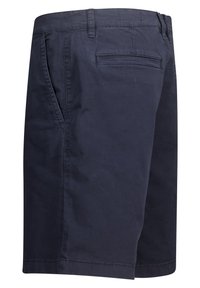 Navy blue cotton shorts with a structured design, featuring side pockets and a back pocket, smooth texture, and a tailored fit.