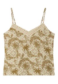 Camisole à imprimé floral en beige et vert olive, avec des bretelles fines et un décolleté en V, ornée d'un motif de feuilles et de fleurs.