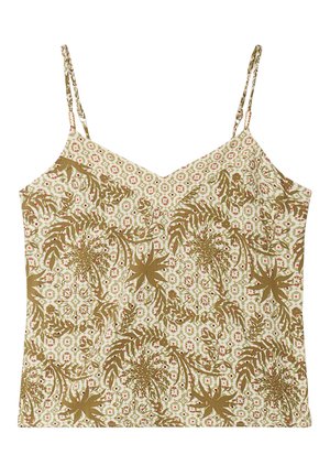 Camisole à imprimé floral en beige et vert olive, avec des bretelles fines et un décolleté en V, ornée d'un motif de feuilles et de fleurs.