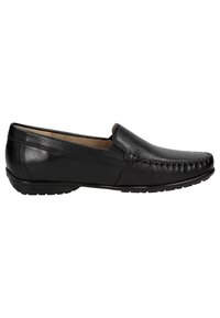 Zwarte leren instaploafers met een gladde afwerking, ronde neus, decoratieve stiksels langs de rand en een gestructureerde rubberen zool.
