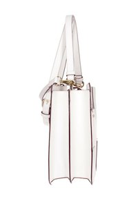 Borsa in pelle bianca con un design strutturato, dotata di rifiniture bordeaux, doppi manici e una tracolla removibile.