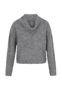 Weicher, grauer, langärmliger, kurz geschnittener Pullover mit weitem Schalkragen und strukturiertem Strickstoff, auf einem weißen Hintergrund präsentiert.