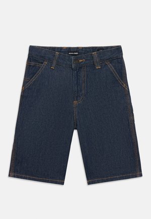 Dark blue denim shorts with front pockets, belt loops, a button closure, and yellow stitching, labeled Jack & Jones.