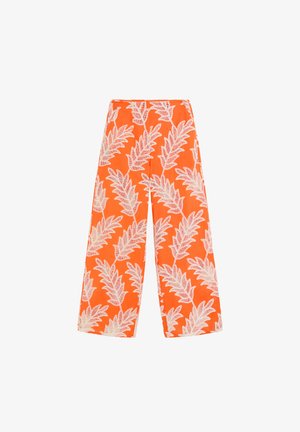 Weite orangefarbene Hose mit großen weißen tropischen Blattmustern, hoher Taille und verkürzter Länge.
