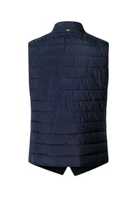 Marineblaue Steppweste mit hohem Kragen, mit horizontalen Steppnähten und einem geteilten Saum hinten für mehr Bewegungsfreiheit.