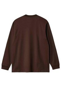 Maglietta marrone a maniche lunghe con collo rotondo. Realizzata in materiale morbido, presenta orlo dritto e polsini a coste. Senza loghi o motivi visibili.