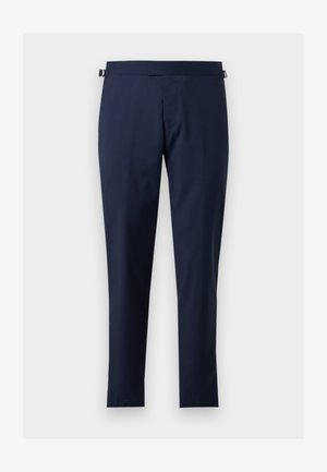 Laivastonsiniset kapealahkeiset housut, joissa sivulla vyötärön säädöt, edessä vetoketju eikä näkyviä taskuja, esitetty yksinkertaisella vaalealla taustalla.