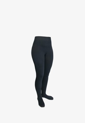 Black opaque leggings with a high waistband, smooth texture, form-fitting design, and full-length coverage to the ankle.