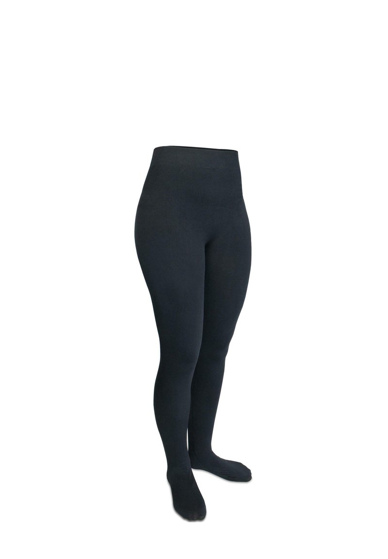 Schwarz undurchsichtige Leggings mit hohem Bund, glatter Textur, figurbetontem Design und voller Länge bis zum Knöchel.