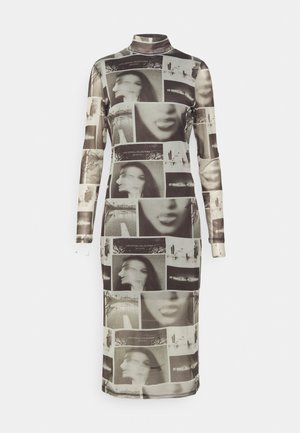 Long-sleeve, high-neck midi dress with black and white photographic collage print featuring blurred faces and urban scenes.