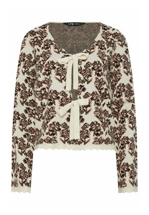 Cremefarbener Cardigan mit braunem Blumenmuster, zwei vorderen Stoffschleifen, gewelltem Saum und langen Ärmeln.