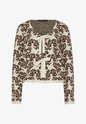 Cremefarbener Cardigan mit braunem Blumenmuster, zwei vorderen Stoffschleifen, gewelltem Saum und langen Ärmeln.