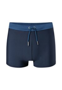 Heren zwemshorts in marineblauw met een lichtblauwe tailleband en verstelbare koordjes met metalen uiteinden, afgebeeld op een witte achtergrond.