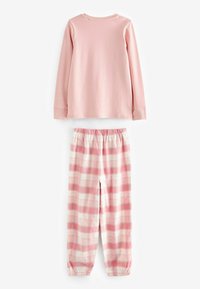 Lichtroze langemouwtop met een ronde hals, gecombineerd met wit- en lichtroze geblokte pyjamabroek met een elastische tailleband en gathered manchetten.