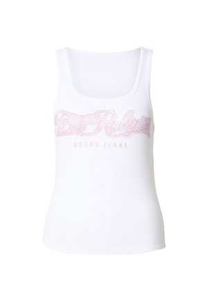Biała bezrękawnikowa koszulka na ramiączkach o prążkowanej fakturze, z różowymi kryształowymi literami tworzącymi napis "Brand Jeans" na przodzie.