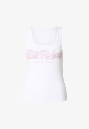 Weißes ärmelloses Tanktop mit Rippstruktur und pinkfarbenen Strasssteinbuchstaben, die vorne "Brand Jeans" bilden.