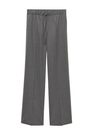 Gray wide-leg trousers made from a smooth fabric, featuring an elastic waistband with a drawstring for adjustable fit.