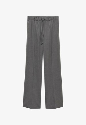 Gray wide-leg trousers made from a smooth fabric, featuring an elastic waistband with a drawstring for adjustable fit.