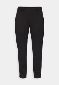 Sorte tapered bukser laget av glatt stoff. Har flat front, elastisk midje og ingen synlige lommer.