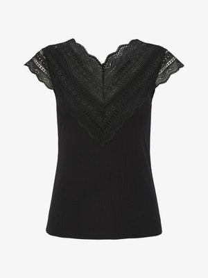 Black short-sleeve top featuring a V-neckline with intricate lace detailing and ribbed fabric, providing a textured appearance.