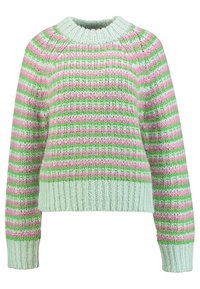 Suéter de punto con una paleta de colores pastel en rayas verdes, rosas y blancas. El cuello, los puños y el dobladillo acanalados añaden textura.