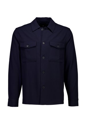 Marineblå, langærmet skjorte med knapper fremme lavet af glat stof; har to brystlommer og en krave med knaplukning.