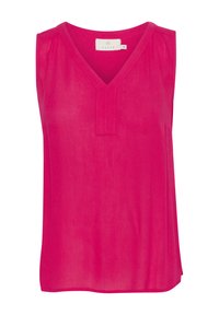 Haut sans manches en rose vif, avec un décolleté en V et un léger pli décoratif à l'avant. Confectionné dans un tissu lisse et léger.