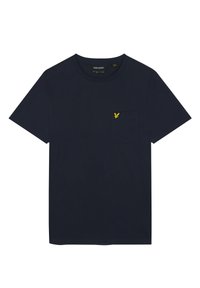 Námořnická modrá tričko s krátkým rukávem, kulatým výstřihem, náprsní kapsou a malým žlutým ptáčkem na kapse.