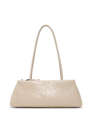 Sac à main beige texturé avec fermeture éclair et deux longues anses, forme rectangulaire avec un motif discret effet peau de serpent en surface.
