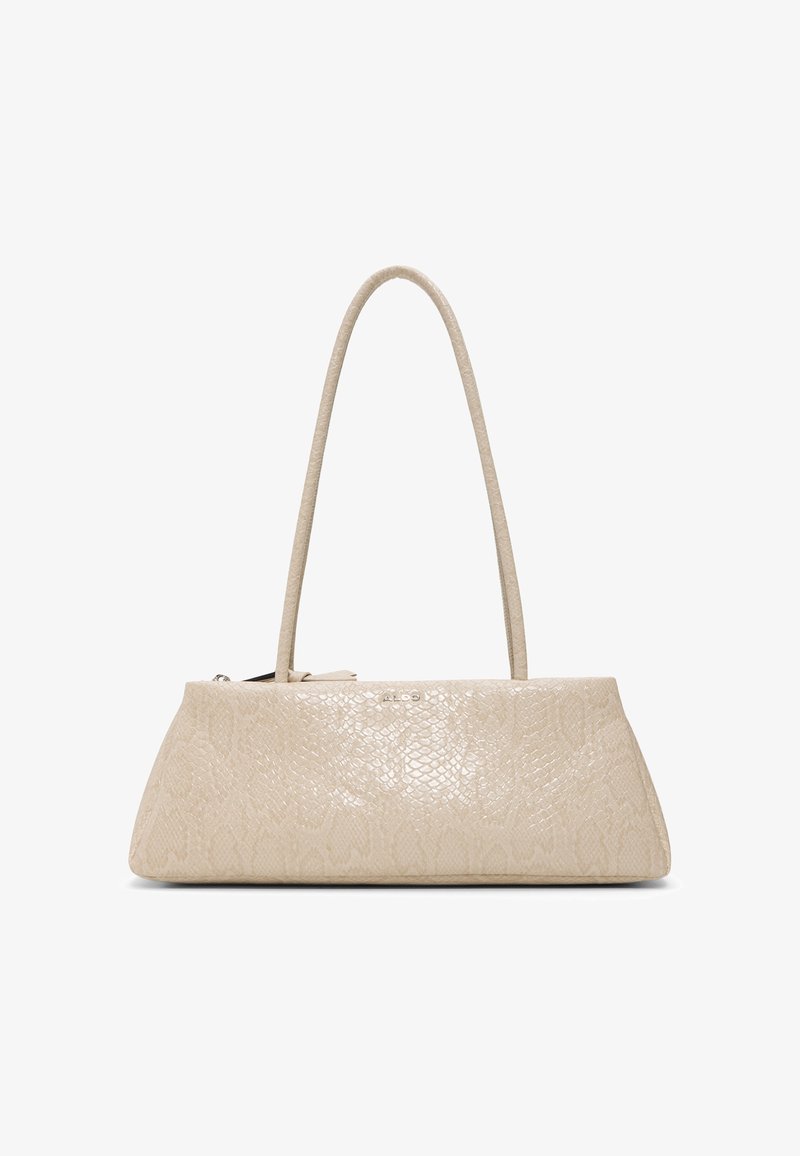 Sac à main beige texturé avec fermeture éclair et deux longues anses, forme rectangulaire avec un motif discret effet peau de serpent en surface.