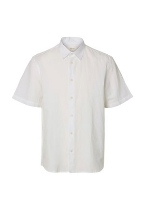 Valge lühikeste varrukatega nööbitav särk terava kraega, esiküljel nähtavad nupud ja lihtne disain ühtsel taustal.