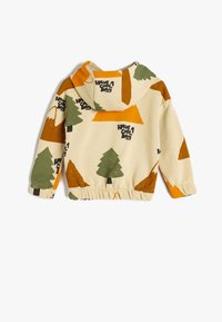 Giacca con cappuccio in tessuto beige con un motivo di alberi e montagne nei colori verde, arancione e nero. Presenta un orlo e polsini elasticizzati.