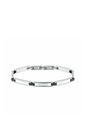 Bracciale in metallo argentato con maglie rettangolari collegate da piccoli accenti neri, mostrato su sfondo bianco.
