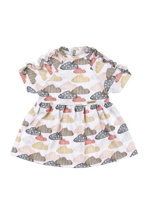 Short-sleeve white baby dress with multicolored cloud patterns and a gathered waist, featuring a small "Skrållan" label.