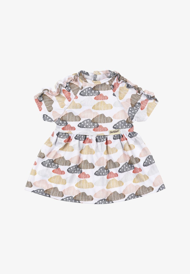 Robe bébé blanche à manches courtes avec motifs nuages multicolores et taille froncée, avec une petite étiquette « Skrållan ».