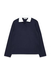 Marinefarbener Langarm-Polohemd mit weißem Kragen, Knopfverschluss mit zwei Knöpfen und geradem Saum aus einem glatten, baumwollähnlichen Material.