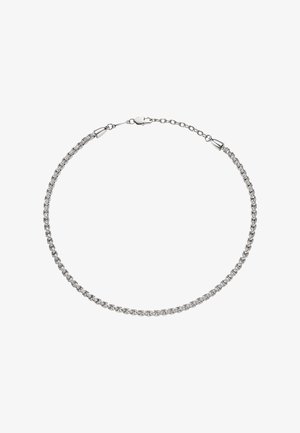 Zilveren ketting met een delicate gevlochten ontwerp, gladde textuur en een veilige sluiting. Geschikt voor verschillende gelegenheden.