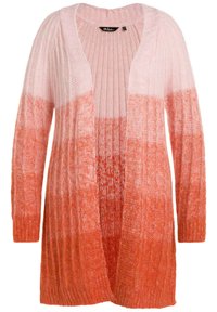 Avoin neulecardigan, jossa on ribbineule. Vaaleanpunaisesta korallinväriseen liukuväriin. Pitkät hihat ja teksturoitu kangas. Ilman kiinnityksiä.