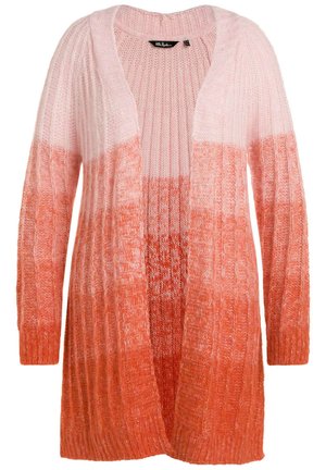 Cardigan aperto in maglia a costine. Gradiente dal rosa chiaro al corallo. Maniche lunghe e tessuto texturizzato. Nessun tipo di chiusura.