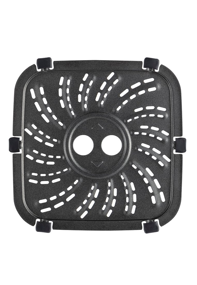 Colino quadrato nero con superficie texture, dotato di ritagli circolari e due fori al centro per il drenaggio, e quattro linguette angolari.