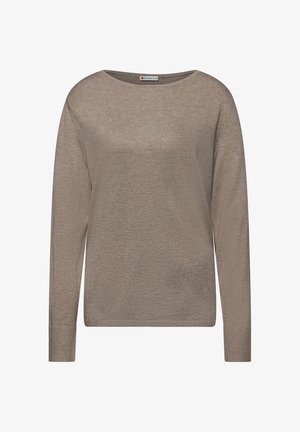 Lichtbruine longsleeve trui met een ronde halslijn en ribbels aan de mouwen. Gladde textuur, eenvoudig ontwerp en geen zichtbare patronen of accenten.