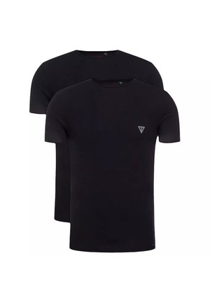 Deux t-shirts noirs unis à manches courtes, dont l’un avec un petit logo triangulaire sur la poitrine, affichés côte à côte sur un fond blanc.