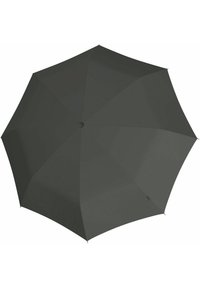 Donkergroene parasol met een achtzijdige kroon, een gladde stofstructuur en een centrale knop voor openen en sluiten. Geen zichtbare patronen of accenten.