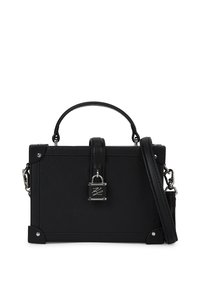 Czarna torebka o strukturalnym kształcie z górnym uchwytem, odpinanym paskiem, metalowymi detalami i zamkiem z przodu. Gładka powierzchnia zewnętrzna.