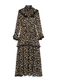 Melnā ziedu vidēja garuma kleita ar garām piedurknēm, dzelteniem un violetiem ziediem, volānu apkakli un aprocēm, ar jostu vidukļa vietā un plūstošu svārku detaļām.