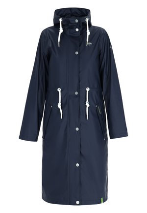 Impermeabile blu navy con cappuccio, cordini bianchi, bottoni a pressione frontali e due tasche laterali.