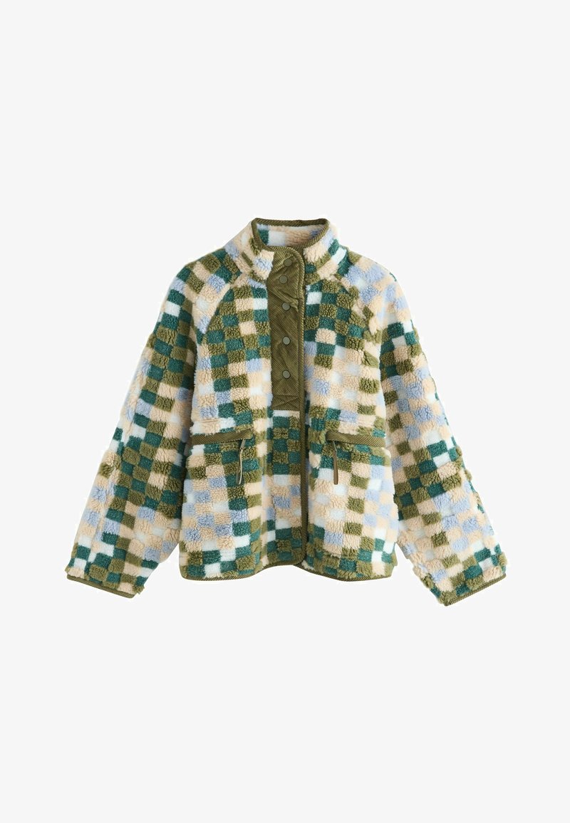 Jachetă din fleece cu pattern în carouri verzi, bleumarin și crem. Guler înalt cu capse și două buzunare frontale. Material texturat.